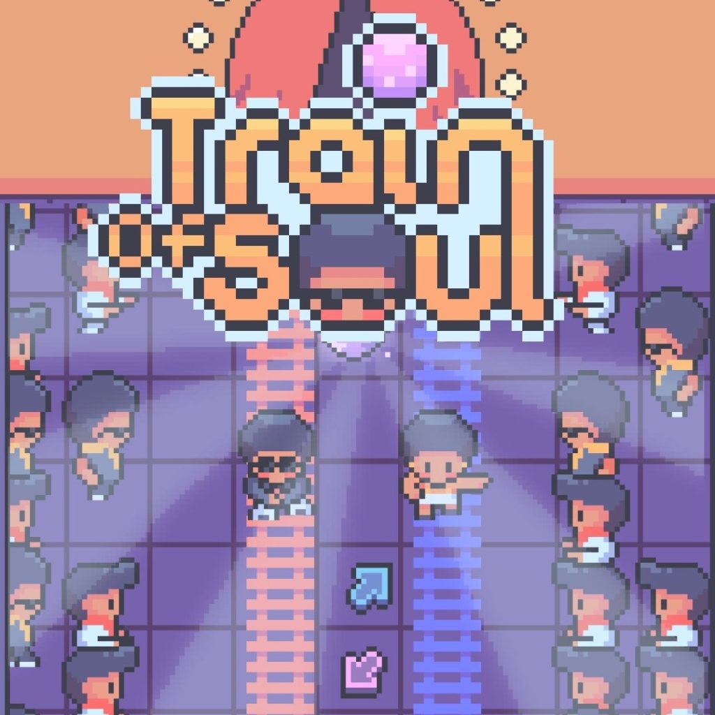 Image du jeu Train of Soul by Tataki Studio. Logo du jeu et personnages disco en pixel art