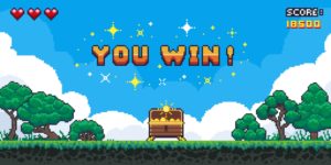 Pixel game win screen. Retro 8 bit video game interface with You Win text, computer game level up background.
