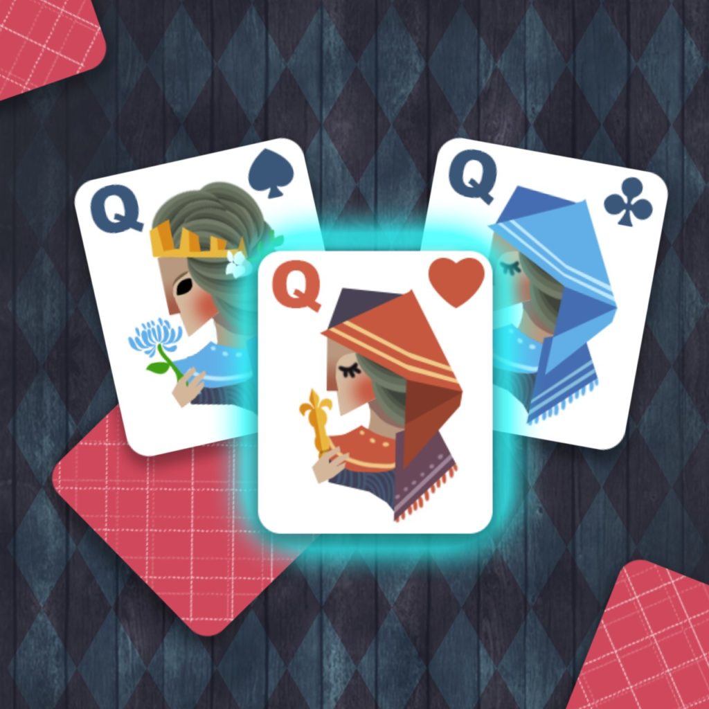 Icone du jeu de cartes Queens Heart Klondike par Tataki Studio. 3 cartes de Dames, style isométrique