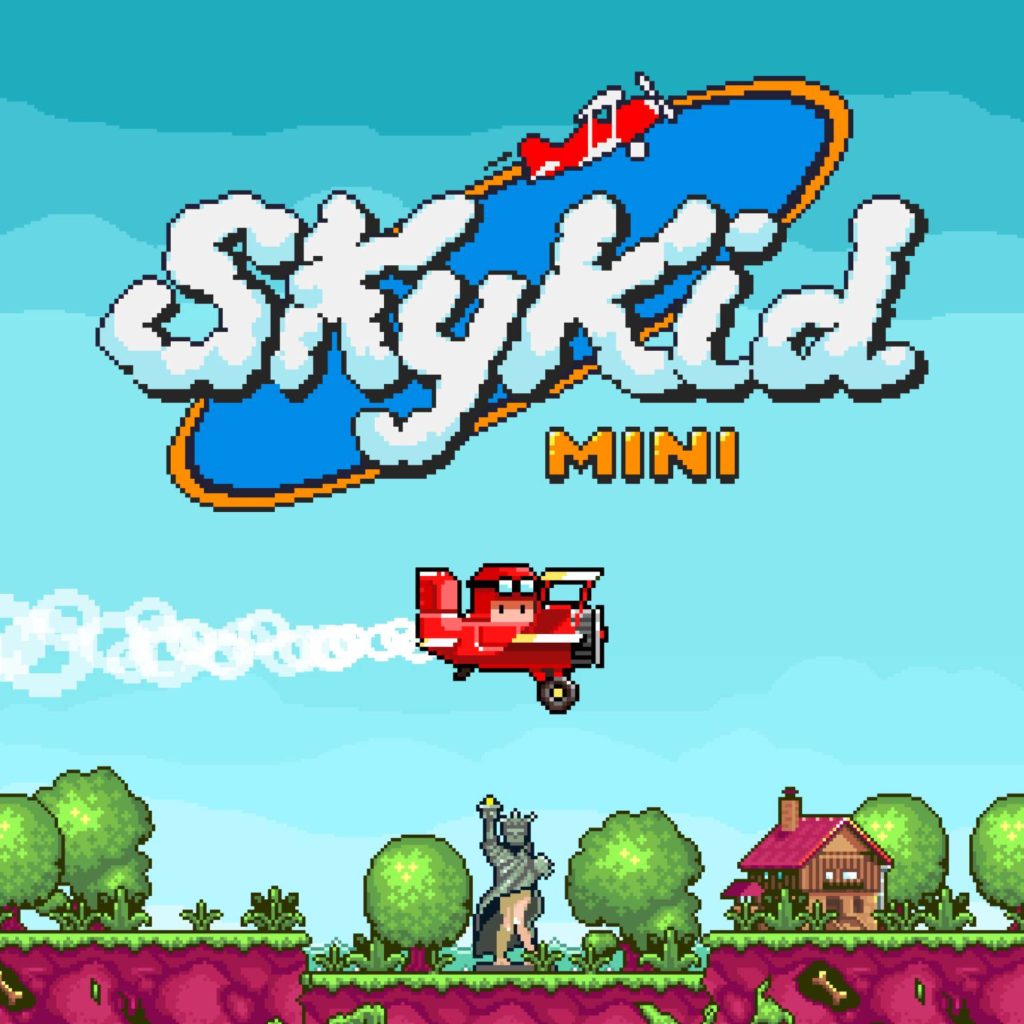 Cover of the game Sky Kid Mini, game logo, plane and undressed liberty statue